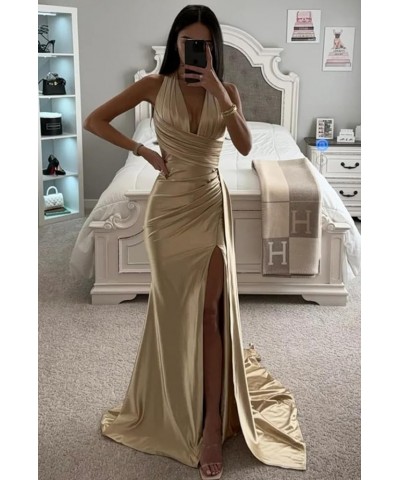 Mermaid Prom Dresses Long for Women Sweep Train Formal Party Gowns Satin Halter Evening Dress with Slit Peacock $34.00 Dresses