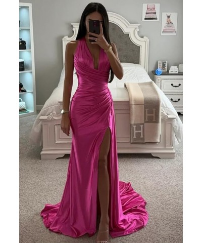 Mermaid Prom Dresses Long for Women Sweep Train Formal Party Gowns Satin Halter Evening Dress with Slit Peacock $34.00 Dresses