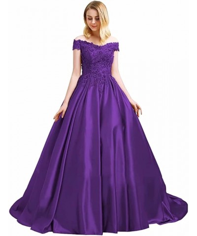 Off Shoulder Prom Dresses Long Ball Gown Quinceanera Satin Lace Formal Evening Gowns with Pockets 2024 Purple $41.15 Dresses