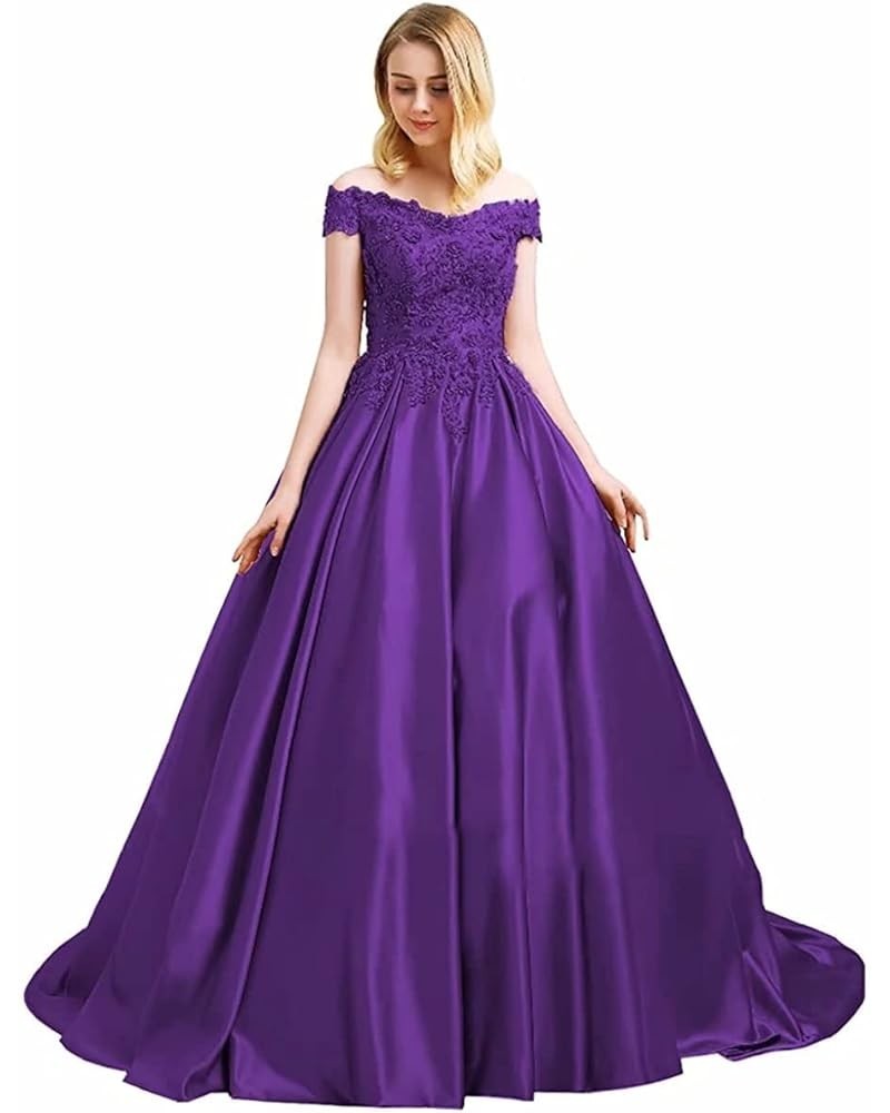 Off Shoulder Prom Dresses Long Ball Gown Quinceanera Satin Lace Formal Evening Gowns with Pockets 2024 Purple $41.15 Dresses