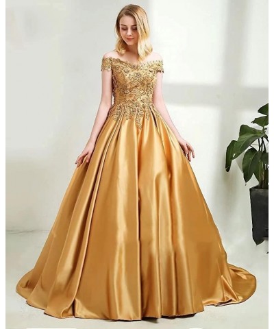 Off Shoulder Prom Dresses Long Ball Gown Quinceanera Satin Lace Formal Evening Gowns with Pockets 2024 Purple $41.15 Dresses