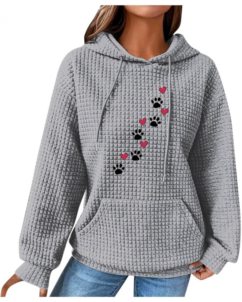 Women's Hoodies Waffle-knit Sweatshirt Casual Long Sleeves Cute Love Heart Dog Paw Printed Graphic Pullover Top Gray $8.62 Ho...