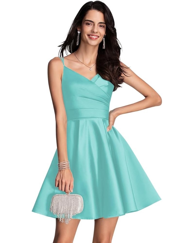 Spaghetti Straps Homecoming Dresses for Teens 2023 V Neck Pleats Prom Dress Short with Pockets NB227 Turquoise $28.04 Dresses