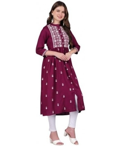 Fashionable Women Chikan Embroidery Viscose Rayon Flared Kurta Wine $14.50 Tops