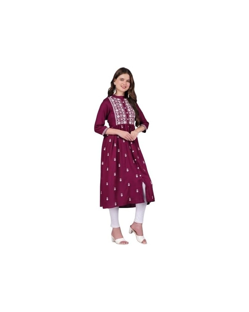 Fashionable Women Chikan Embroidery Viscose Rayon Flared Kurta Wine $14.50 Tops