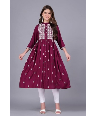 Fashionable Women Chikan Embroidery Viscose Rayon Flared Kurta Wine $14.50 Tops