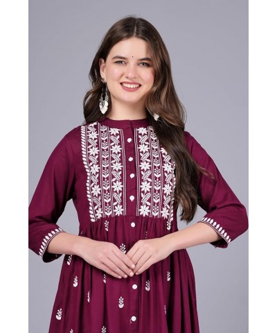 Fashionable Women Chikan Embroidery Viscose Rayon Flared Kurta Wine $14.50 Tops