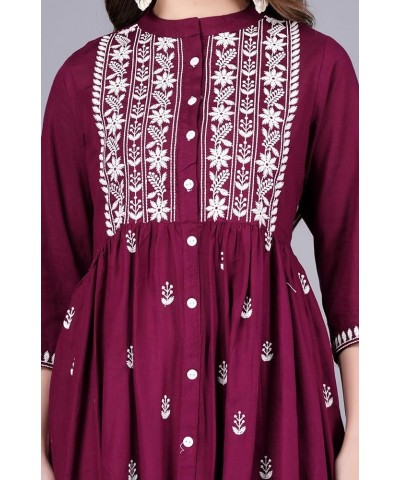 Fashionable Women Chikan Embroidery Viscose Rayon Flared Kurta Wine $14.50 Tops