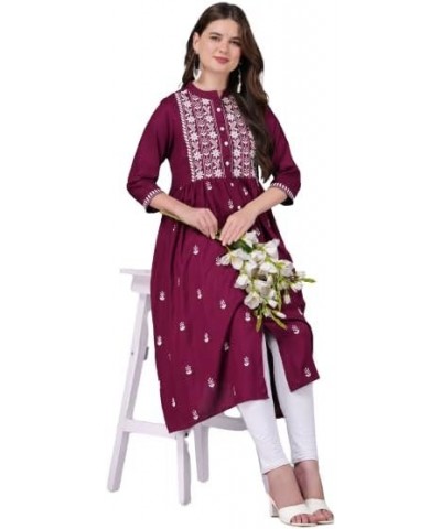 Fashionable Women Chikan Embroidery Viscose Rayon Flared Kurta Wine $14.50 Tops