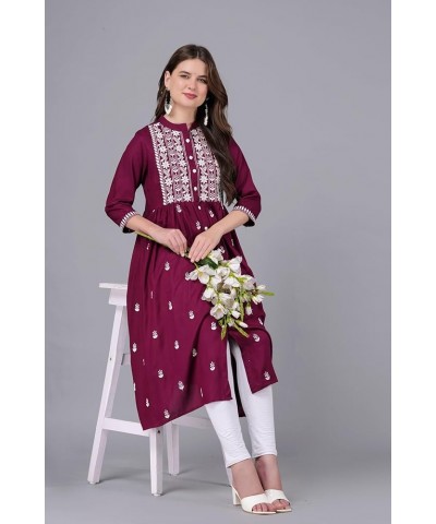 Fashionable Women Chikan Embroidery Viscose Rayon Flared Kurta Wine $14.50 Tops