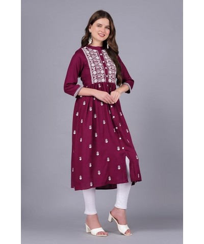 Fashionable Women Chikan Embroidery Viscose Rayon Flared Kurta Wine $14.50 Tops