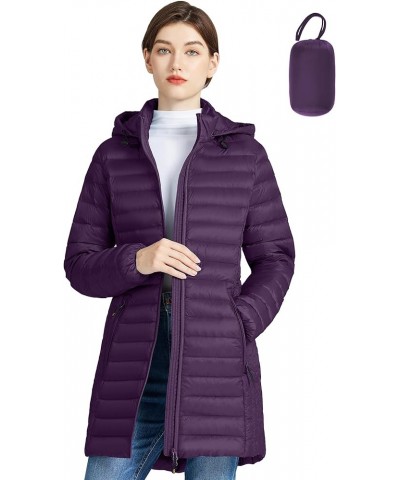 Women's Lightweight Down Puffer Coat Packable Long Down Coat Hood Winter Puffer Jacket Dark Purple $41.24 Jackets