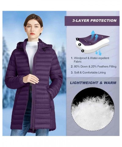 Women's Lightweight Down Puffer Coat Packable Long Down Coat Hood Winter Puffer Jacket Dark Purple $41.24 Jackets