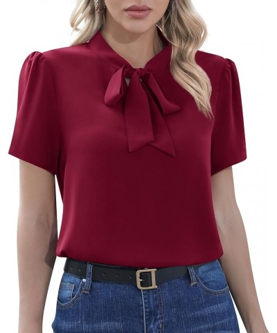 Womens Dressy Chiffon Blouse Long Sleeve Casual Tie Neck Shirt Tops Short Sleeve 02 Wine Red $10.44 Blouses