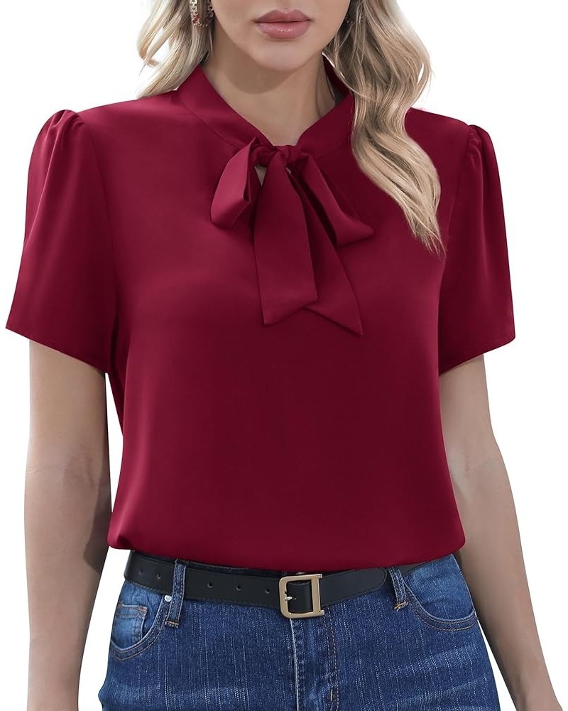 Womens Dressy Chiffon Blouse Long Sleeve Casual Tie Neck Shirt Tops Short Sleeve 02 Wine Red $10.44 Blouses