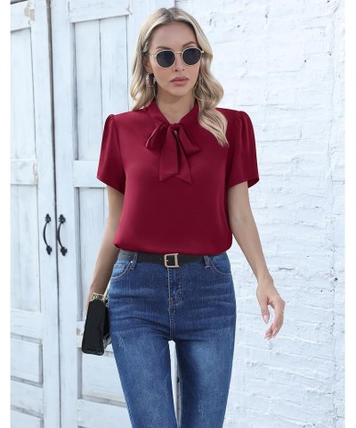 Womens Dressy Chiffon Blouse Long Sleeve Casual Tie Neck Shirt Tops Short Sleeve 02 Wine Red $10.44 Blouses