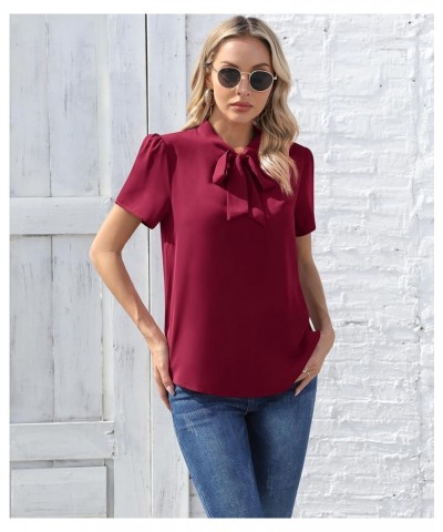 Womens Dressy Chiffon Blouse Long Sleeve Casual Tie Neck Shirt Tops Short Sleeve 02 Wine Red $10.44 Blouses