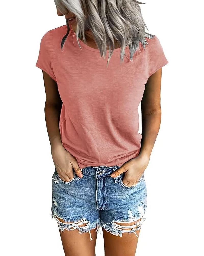 Women's Summer Short Sleeve Tops Crew Neck Solid Color T-Shirts Casual Loose Fit Tank Tee Pink $12.75 T-Shirts