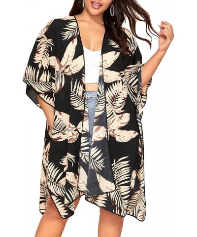 Women's Plus Open Front Floral Lace Sheer Beach Cover Up Kimono Tropical Black $10.99 Swimsuits