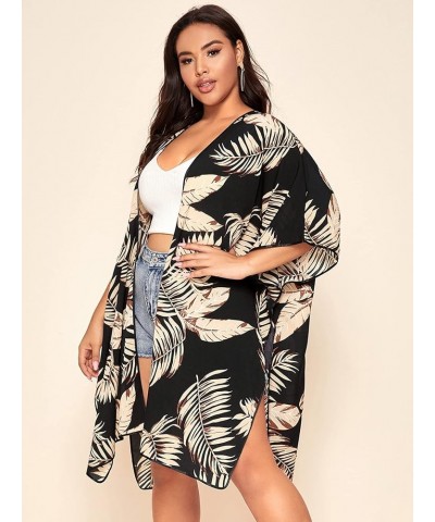 Women's Plus Open Front Floral Lace Sheer Beach Cover Up Kimono Tropical Black $10.99 Swimsuits