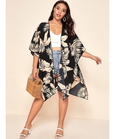 Women's Plus Open Front Floral Lace Sheer Beach Cover Up Kimono Tropical Black $10.99 Swimsuits