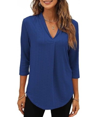 Womens 3/4 Sleeve Tunic Tops Eyelet V Neck Blouses Loose Fit Business Casual Work Shirts Royal Blue $12.18 Tops