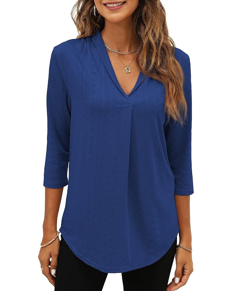 Womens 3/4 Sleeve Tunic Tops Eyelet V Neck Blouses Loose Fit Business Casual Work Shirts Royal Blue $12.18 Tops