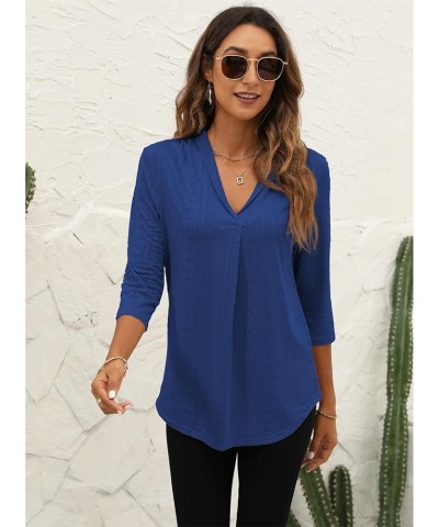 Womens 3/4 Sleeve Tunic Tops Eyelet V Neck Blouses Loose Fit Business Casual Work Shirts Royal Blue $12.18 Tops