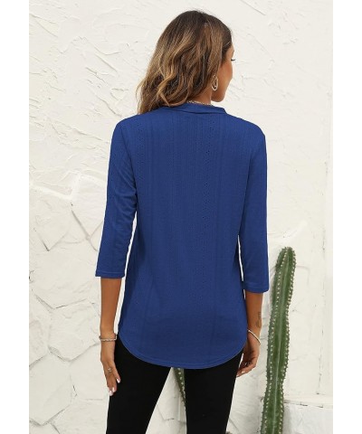 Womens 3/4 Sleeve Tunic Tops Eyelet V Neck Blouses Loose Fit Business Casual Work Shirts Royal Blue $12.18 Tops