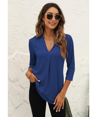 Womens 3/4 Sleeve Tunic Tops Eyelet V Neck Blouses Loose Fit Business Casual Work Shirts Royal Blue $12.18 Tops