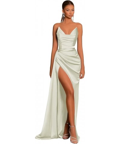 Women's Strapless Satin Mermaid Prom Dresses with Slit Pleated Long Formal Evening Gowns Sage Green $32.99 Dresses