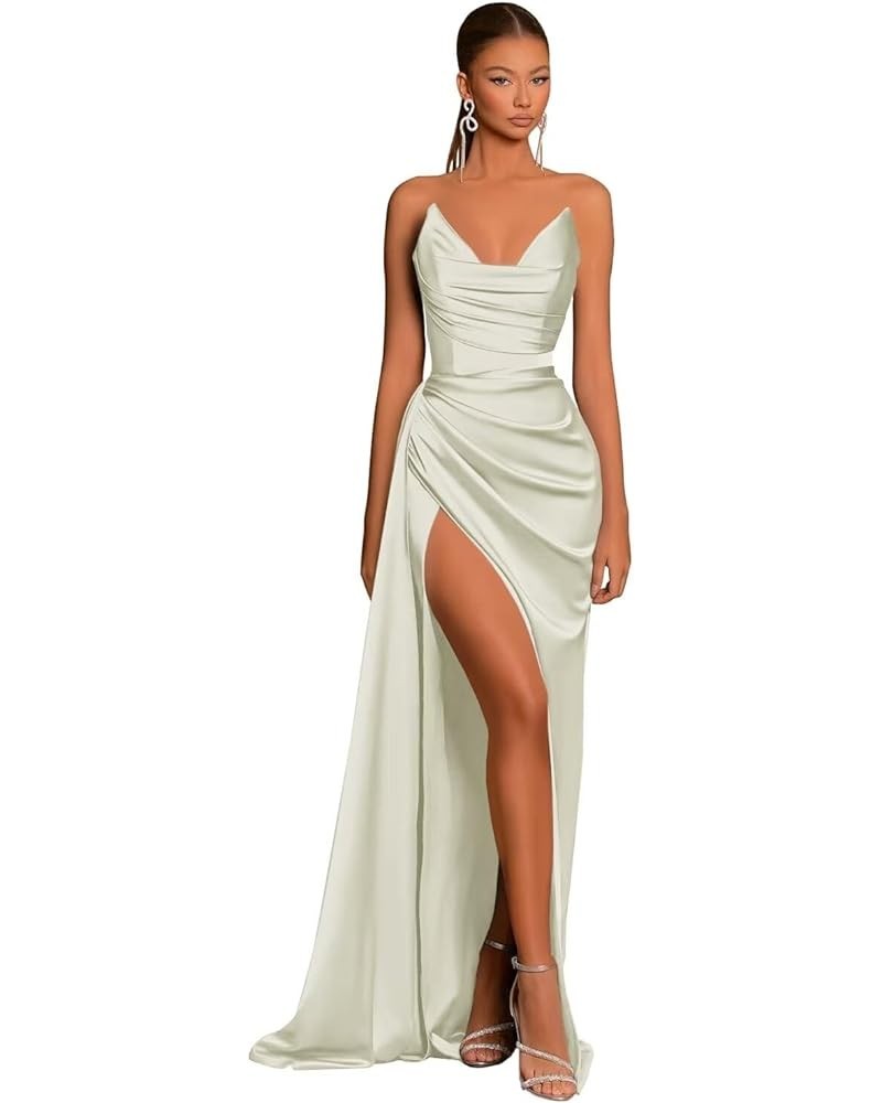 Women's Strapless Satin Mermaid Prom Dresses with Slit Pleated Long Formal Evening Gowns Sage Green $32.99 Dresses