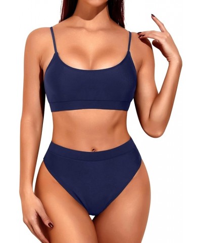 High Cut Sporty Bikini Set Two Piece Scoop Neck Swimsuits for Women Crop Top Bathing Suit with Bottom Navy Blue $20.99 Swimsuits