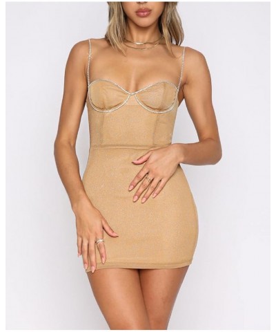 Women Rhinestone Low Cut Sling Dress Lace Spaghetti Strap Cutout Mini Dress Y2k Bodycon Backless Short Dress Sexy Apricot $9....