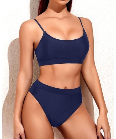 High Cut Sporty Bikini Set Two Piece Scoop Neck Swimsuits for Women Crop Top Bathing Suit with Bottom Navy Blue $20.99 Swimsuits