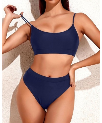 High Cut Sporty Bikini Set Two Piece Scoop Neck Swimsuits for Women Crop Top Bathing Suit with Bottom Navy Blue $20.99 Swimsuits