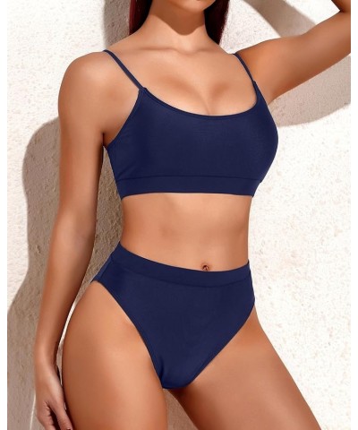 High Cut Sporty Bikini Set Two Piece Scoop Neck Swimsuits for Women Crop Top Bathing Suit with Bottom Navy Blue $20.99 Swimsuits