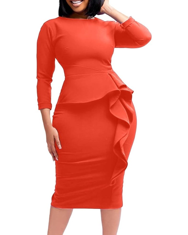 Cocktail Dresses for Women 2023 Plus Size Elegant Bodycon Ruffle Long Sleeve Cocktail Midi Pencil Dress Orange $10.76 Dresses