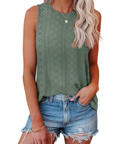 Womens Tank Tops Eyelet Embroidery Crewneck Sleeveless Going Out Casual Summer Basic Loose Shirts 2024 Fashion Clothes Green ...