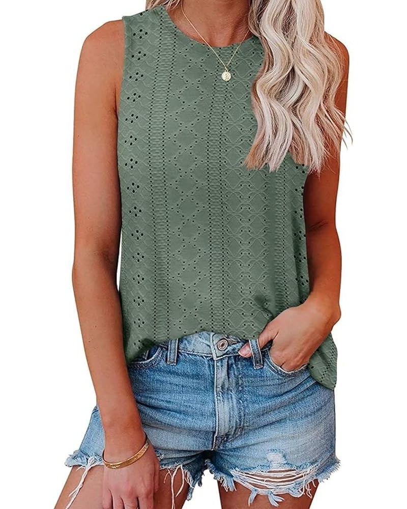 Womens Tank Tops Eyelet Embroidery Crewneck Sleeveless Going Out Casual Summer Basic Loose Shirts 2024 Fashion Clothes Green ...