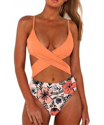 Women's Sexy Criss Cross High Waisted Cut Out One Piece Monokini Swimsuit Cantaloupe-morning Flory $16.10 Swimsuits