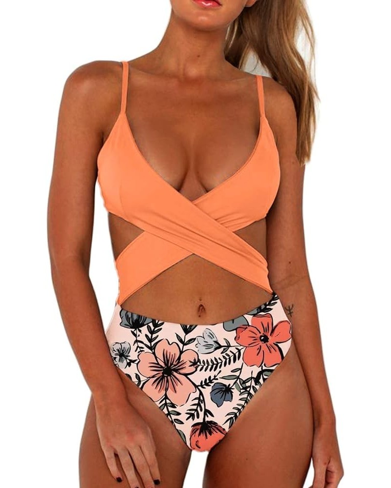 Women's Sexy Criss Cross High Waisted Cut Out One Piece Monokini Swimsuit Cantaloupe-morning Flory $16.10 Swimsuits