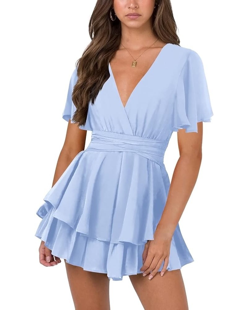 Womens Sexy Deep V Neck Short Sleeve Tie Waist Ruffle Hem Flowy Swing Mini Short Wrap Dress Light Blue-short Sleeve $26.54 Dr...