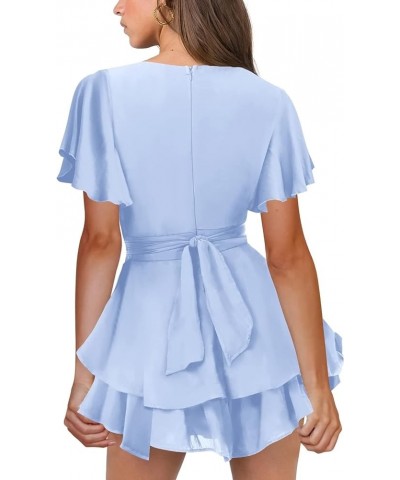 Womens Sexy Deep V Neck Short Sleeve Tie Waist Ruffle Hem Flowy Swing Mini Short Wrap Dress Light Blue-short Sleeve $26.54 Dr...