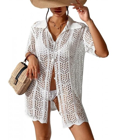 Women's Crochet Swimsuit Coverup Hollow Out Short Sleeve Button Down Beach Cover Ups White $12.71 Swimsuits