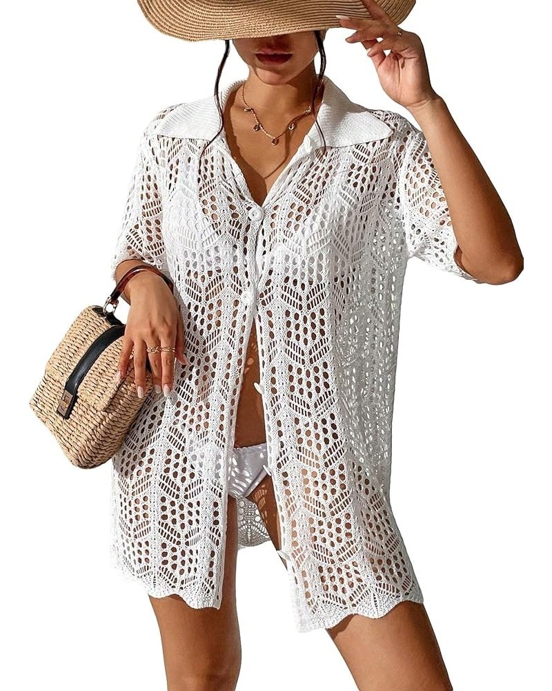 Women's Crochet Swimsuit Coverup Hollow Out Short Sleeve Button Down Beach Cover Ups White $12.71 Swimsuits