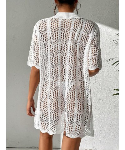 Women's Crochet Swimsuit Coverup Hollow Out Short Sleeve Button Down Beach Cover Ups White $12.71 Swimsuits