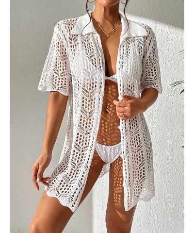 Women's Crochet Swimsuit Coverup Hollow Out Short Sleeve Button Down Beach Cover Ups White $12.71 Swimsuits