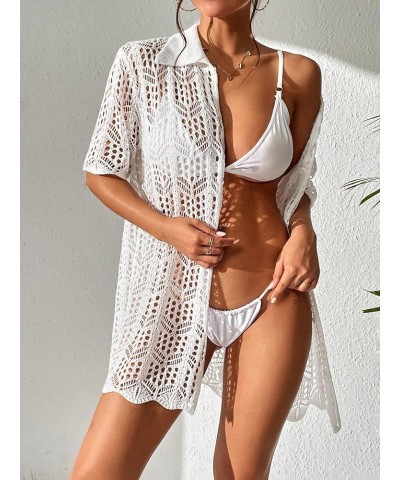 Women's Crochet Swimsuit Coverup Hollow Out Short Sleeve Button Down Beach Cover Ups White $12.71 Swimsuits