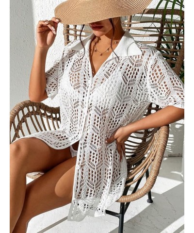 Women's Crochet Swimsuit Coverup Hollow Out Short Sleeve Button Down Beach Cover Ups White $12.71 Swimsuits